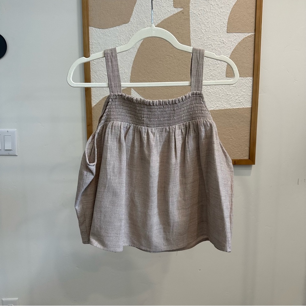 Smocked Linen-Blend Tank Top in Taupe